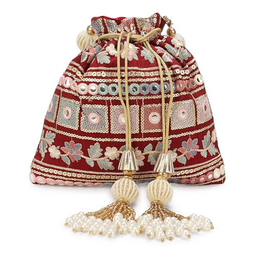 Image of LONGING TO BUY Indian Embroidered Pearl Potli Bag For Women, Sequence Design with Tassel, Wedding Potli Bags