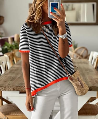 Image of Womens Short Sleeve Striped Color Block Crew Neck Sweater Shirt Lightweight Cotton Casual Summer Pullover Tops
