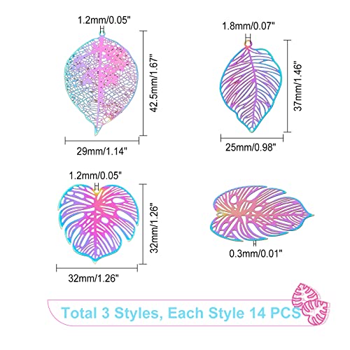 DICOSMETIC 42pcs 3 Styles 201 Stainless Steel Filigree Monstera Leaf Pendants Tropical Leaf Pendants Rainbow Color Plant Charms for Jewelery Making,0.3mm thick - Image 4
