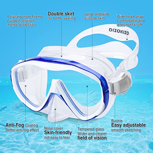Dizokizo Snorkel Set Single-Pane Adult Snorkeling Scuba Gear, Professional Snorkel Goggles Anti-Fog Diving Mask, Anti-Leak Swim Goggles and Dry Top Snorkel for Diving, Snorkeling, Swimming (Blue) - Thumbnail 3