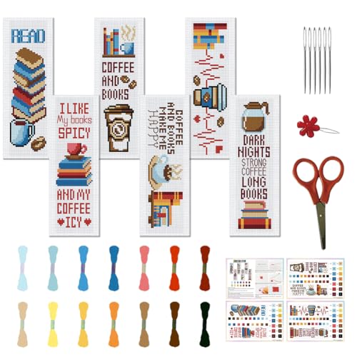Image of FREEBLOSS 6 Set Cafeteria Cross Stitch Bookmark Stamped Cross Stitch Kit with Coffe&Books Patterns Embroidery Kit with Instruction DIY Bookmark Kit for Gift Adults 8.67''x3''