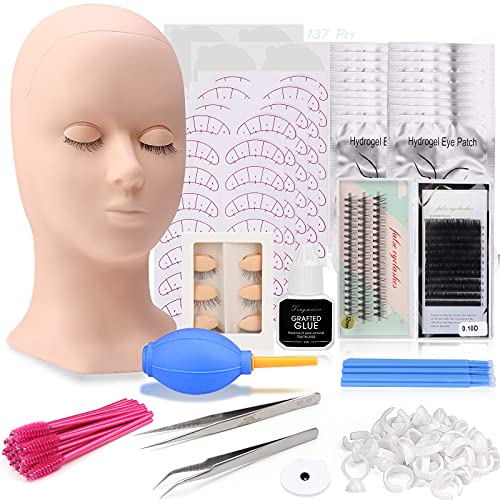 137Pcs Eyelash Extension Kit, mcwdoit Lash Kit for Eye Lashes Grafting Training Makeup, with Flat Mannequin Head, Lash Glue, 2 pcs False Eyelashes and Eyelash Extension Supplies