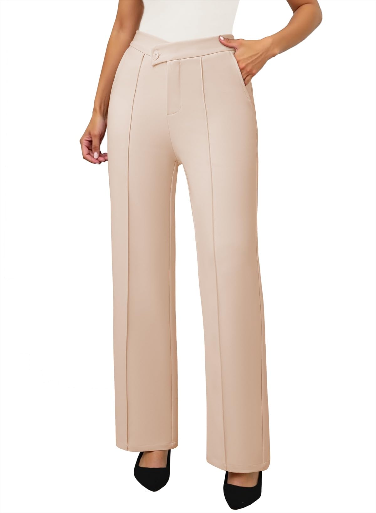 Pink Queen Womens Crossover Dressy Pants Business Casual Work Pants High Waist Pull On Trousers Office Slack