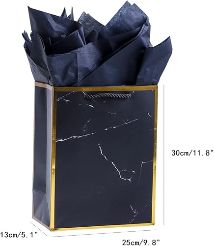 Miniatura 7 de ysmile Bolsa de papel de regalo de mármol negro con papel de seda para hombres, bolsa de regalo de cumpleaños, paquete de 2 (mediano y grande)