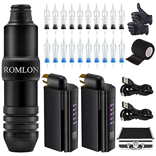 Romlon Tattoo Kit Wireless - Wireless Tattoo Machine Kit Wireless Tattoo Gun Kit Home Tattoo Kit 2Pcs Wireless Power Supply 20Pcs Cartridge Needles Tattoo Machine Tape for Beginner and Tattoo Artists