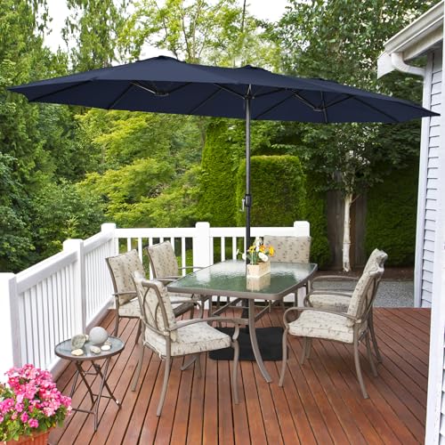 Image of Tangkula 15FT Double-Sided Patio Umbrella with Base, Extra-Large Market Umbrella W /Crank System, Outdoor Twin Umbrella W / 12-Rib Metal Structure & Air Vents for Garden, Backyard, Poolside (Navy)