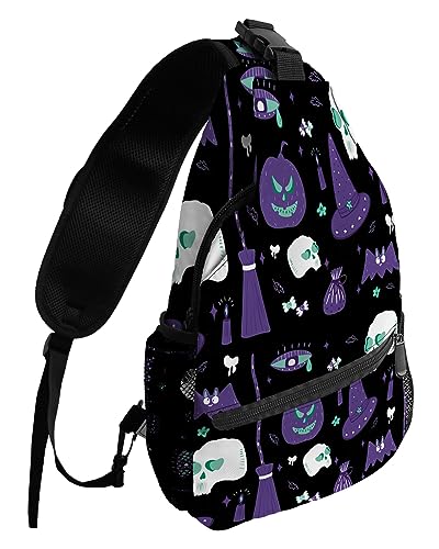 Sling Backpack, Hallowmas Pumpkin Wizard Hat Skull Black Texture Waterproof Lightweight Small Sling Bag, Travel Chest Bag Crossbody Shoulder Bag Hiking Daypack for Women Men