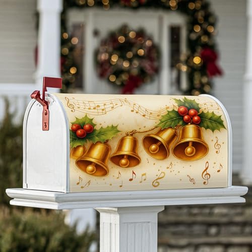 Bells - Coperture magnetiche per cassette postali, decorazioni natalizie dorate con agrifoglio, note musicali, 45,7 x 53,3 cm