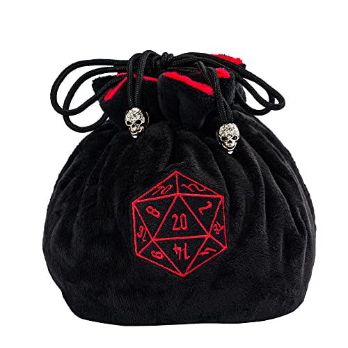 KSNDie Large Dice Bags with Pockets Black Storage Bag with Drawstrings D20 Logo for DND RPG Game Dices - Capacity 200+ Dice