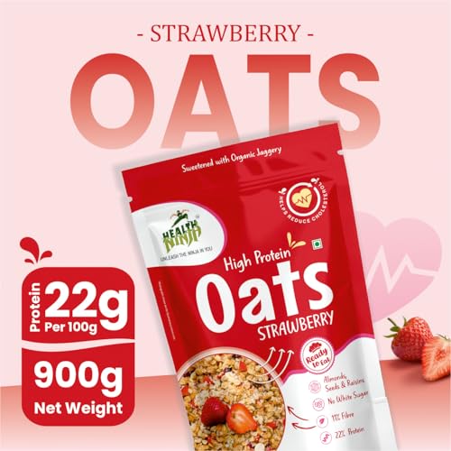 Image of Health Ninja Strawberry Oats | High Protein Breakfast Cereal | Ideal for Oatmeal & delicious snacks | 900 gm Pack (900, Strawberry)