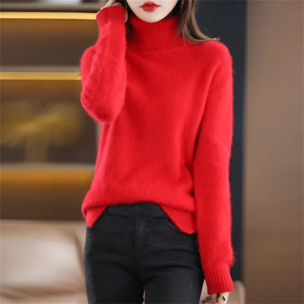 Maglione da donna in lana di visone fine autunno inverno allentato solido interno con collo alto in maglia fondo a maniche lunghe