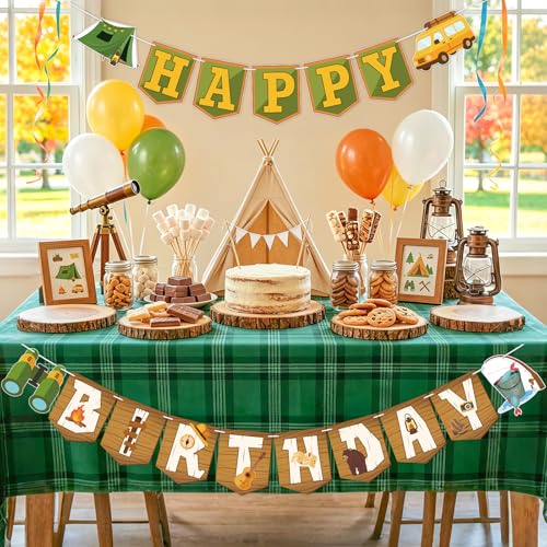 Image of Hooqict Happy Birthday Banner Camping Birthday Decorations Camping Party Banner Garland for Summer Camp Outdoor Hiking Forest Themed Party Decorations