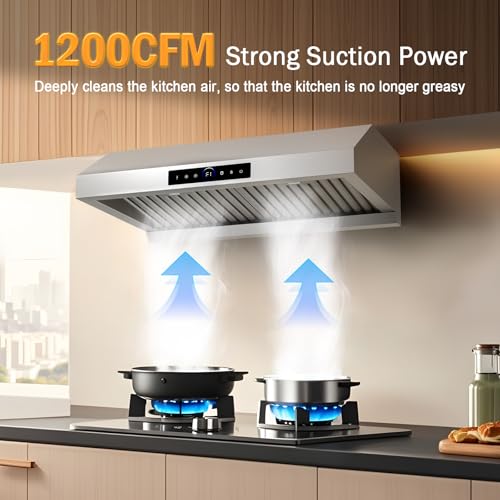 30 Inch Under Cabinet Range Hood 1200CFM, 4-Speed Kitchen Hood with Touch Control & Gesture Sensing Stainless Steel Kitchen Stove Vent Hoods with 2 LED Lights Pro Series