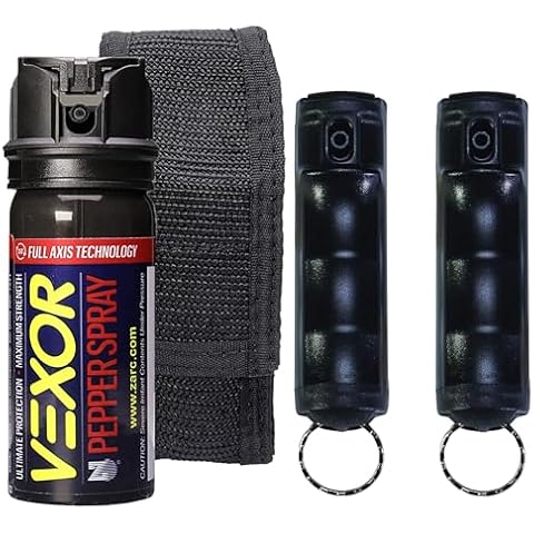 Vexor Pepper Spray 3 Pack Bundle - Full Axis with Belt Clip w/HolsterSelf Defense Police Strength, 20 Ft. Range + 2 Pack Flip-Top Finger Grip, 20+ Shots, 10-12 Ft. Range Cover