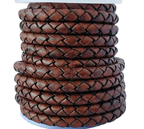 Cords Essentials Round Braided Genuine Leather String Bolo Cord, Rope for Jewelry Making, Necklaces, Bracelets, Wraps, Crafts and Hobby Projects (Distressed Dark Brown, 5 MM 5.46 Yards = 5 MTR Spool)