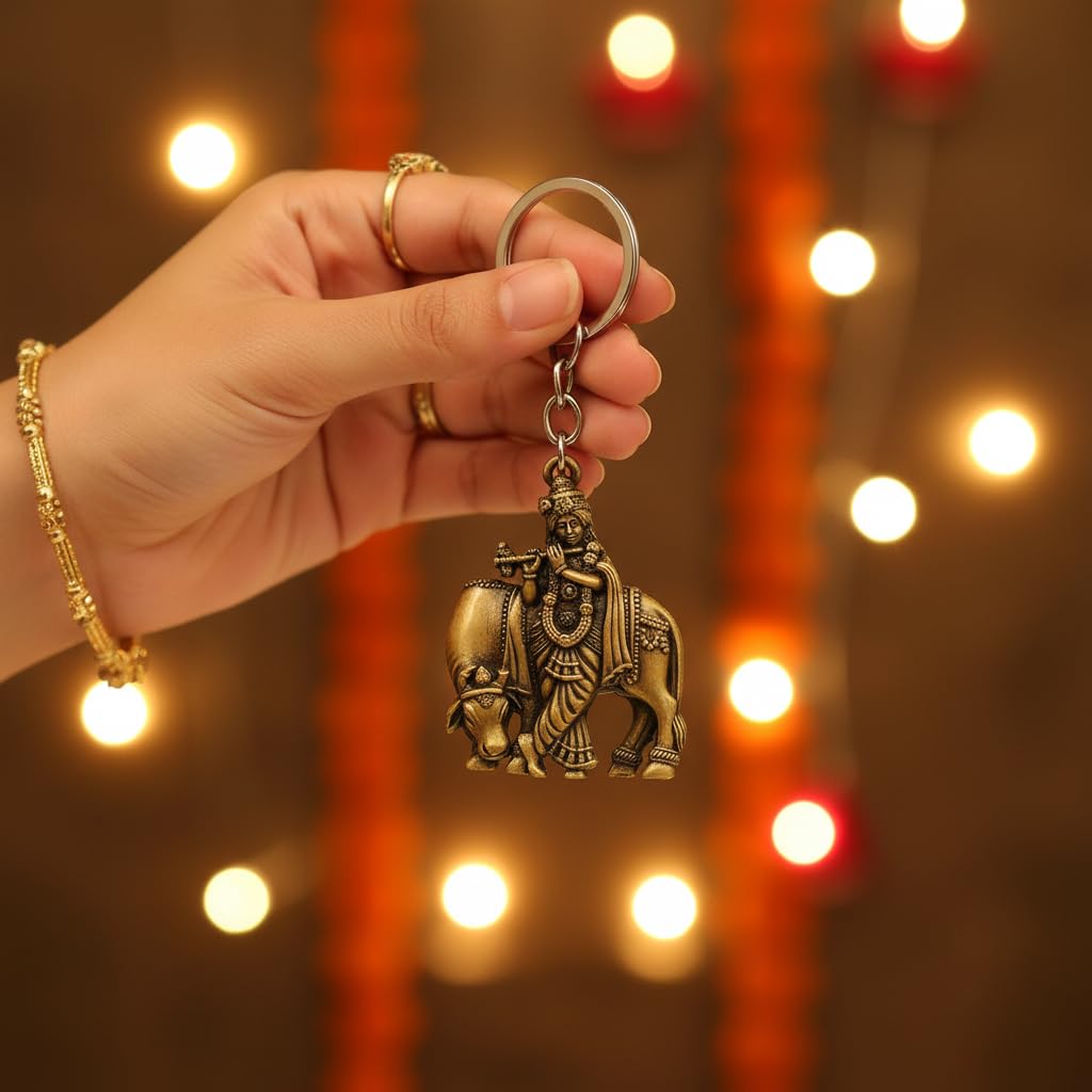 Lord Krishna with Cow Idol Religious Keychain for Men and Women-image-7