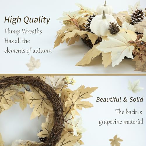 Image of Fall Wreath with Lights 22 Inch | Pre-Lit Wreath with Maple Leaves Pumpkins & Pinecones for Indoor Outdoor Wall Porch Thanksgiving Halloween Decor