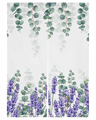 のれん 目隠し 遮光 間仕切り 暖簾 北欧 おしゃれ 厚手 防寒 断熱 プライバシー保護 ロッドポケット ラベンダー パープル花柄 ユーカリの葉 ロング カーテン 幅110x丈180cm 玄関 キッチ リビング 飲食店 出入り口 室内インテリア 温泉 施設