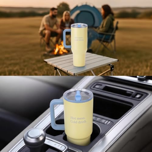 Image of House of Quirk 1200ML Tumbler with Handle & Simple Flip Straw - Car Cup Holder Friendly, Leak Resistant Water Bottle-Reusable Insulated Stainless Steel & Rubber Base (Butter Yellow)