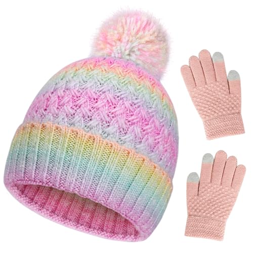 Kids Winter Hat and Gloves Set Girls Knit Beanie Hats with Pom Warm Snow Ski Cap for Toddler 1-14Years