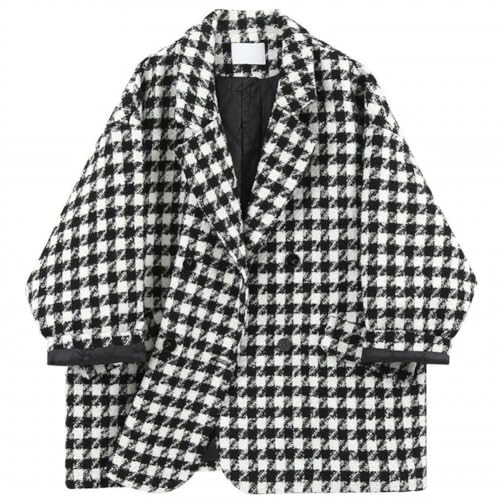 CHARTOU Women Winter Warm Quilted Plaid Pea Coat Oversized Houndstooth Blazer Wool Jacket Outwear