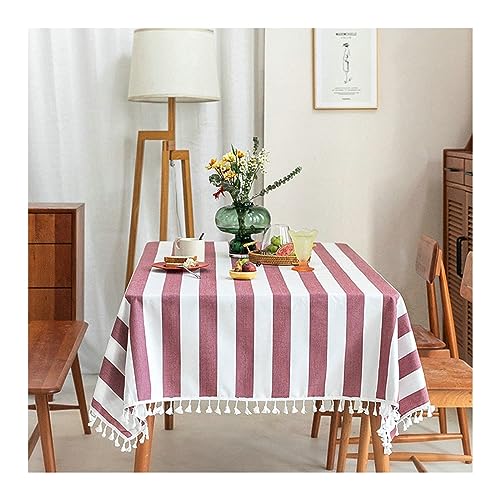 Nappe en coton lin rose à rayures de qualité supérieure avec franges