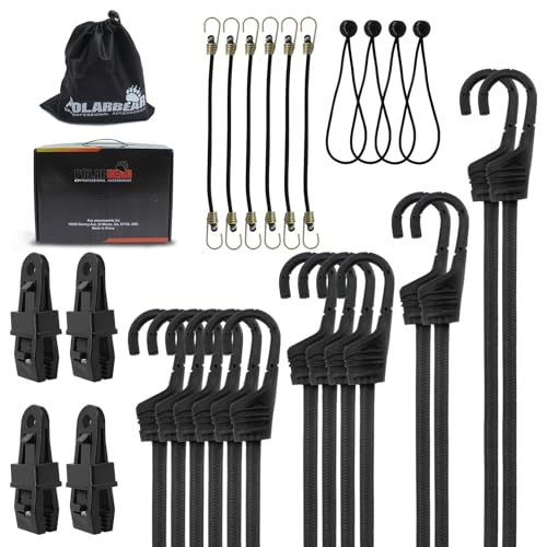 POLARBEAR 28Pcs Bungee Cords with Hooks Assorted Sizes - 10 18 24 31 40 Plastic Coated Steel Cords - with 4 Tarp Clips/4 Ball Cords/Storage Bag - Use for Transport Moving Fixed Goods(Black)