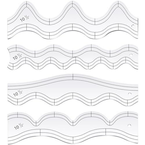 Kigley 4 Pcs Free Motion Quilting Templates Waves Acrylic Quilting Rulers for Machine Free Motion Sewing Stencils Patchwork Splicing with 96 Pcs Nonslip Grips(Rolling+Gentle)