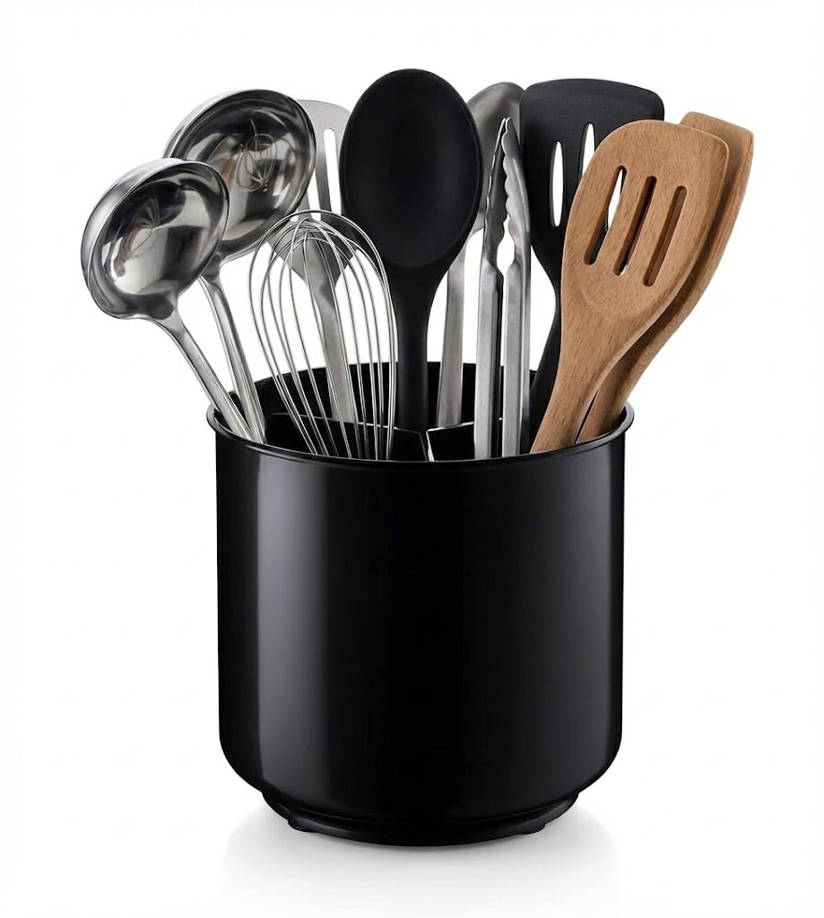 Extra Large and Sturdy Rotating Black Utensil Holder Caddy with No-Tip Weighted Base, and Gripped Insert | Rust Proof and Dishwasher Safe Kitchen Utensils Holder and Cutlery Holder
