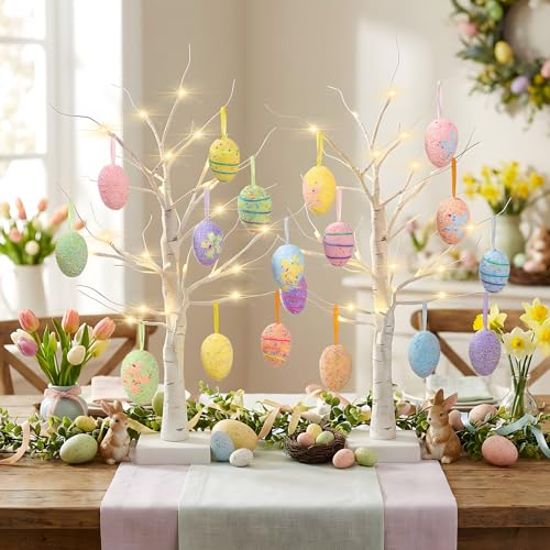 Yquqwn 2 Pack Easter Decorations 24-Inch Lighted Artificial Birch Trees with 18 Hanging Egg Ornaments USB/Battery Operated Perfect for Easter Party Birthday Home Spring Decor