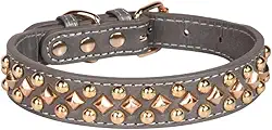 Coleira de couro para cachorro com alça de pescoço vintage para filhotes de cachorro buldogue ajustável coleira média (G, cinza)