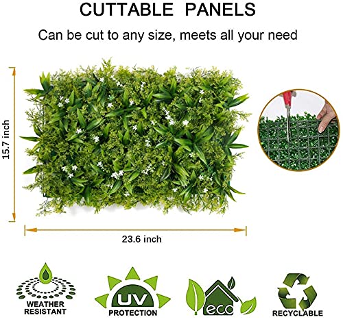 Image of Wall Grass (4 Pcs), Artificial Grass for Wall Decoration, Vertical Garden Artificial Mat, Grass Tiles for Balcony (Green and White Flowers, 60cm x 40cm x 8cm, Plastic, Pack of 4)