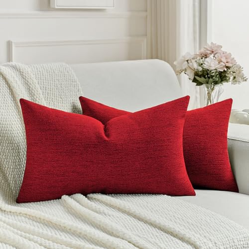 FUTEI Red Chenille Decorative Throw Pillow Covers 12x20 Inch Set of 2,Soft Cozy Faux Linen Textured Lumbar Pillow Cases,Farmhouse Home Decor for Couch Living Room