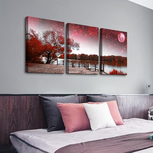 Lapremoly Large Canvas Wall Art for Living Room and Bedroom - Red Tree Abstract Landscape Paintings - Modern Inspiration Artwork for Office Decor - 3 Set