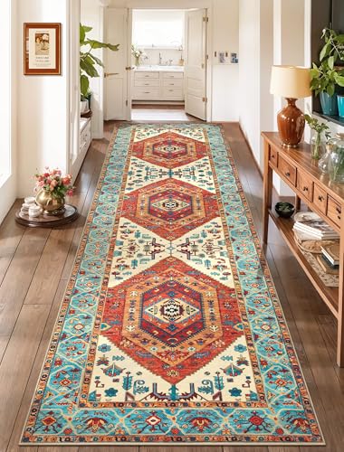 SERISSA Boho Washable Runner Rug, 2'6"x10' Rug Runner Non-Slip Vintage Orange Hallway Kitchen Runner Rug Ultra Soft Print Distressed Tribal Floor Carpet Runner for Bedroom Bathroom Laundry Room