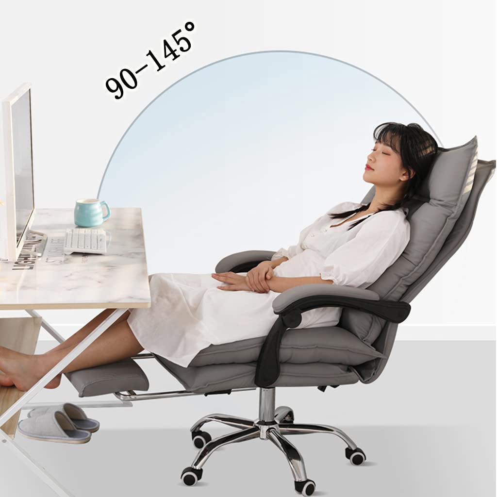 Ergonomiczne krzesło biurowe z wysokim oparciem ze skóry PU, z podnóżkiem, regulowana wysokość, wytrzymałe, obrotowe krzesło do biurka komputerowego, szare