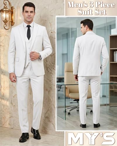 Image of MY'S Men's 3 Piece Suit Notch Lapel 2 Button Blazer Slim Fit Dress Business Party Jacket Vest Pants & Tie Set