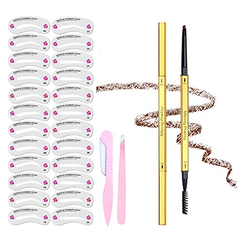 KKmak Eyebrow makeup kit,with 2PCS Eyebrow Pencil,24 Styles Eyebrow Stencils,Eyebrow razor,Eyebrow Tweezer for Soft Textured Natural Daily Look Eye Brow Makeup(DARK GRAY)