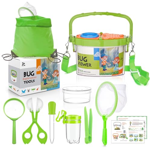 11 Stück Forscherset für Kinder, Outdoor Spielzeug Set, Insekten Beobachtungsbox, mit Insektenfänger, Becherlupe, Mikroskop, Pinzette, Kordelzugbeutel, für Kinder Outdoor Wissenschaft Natur Erkundung