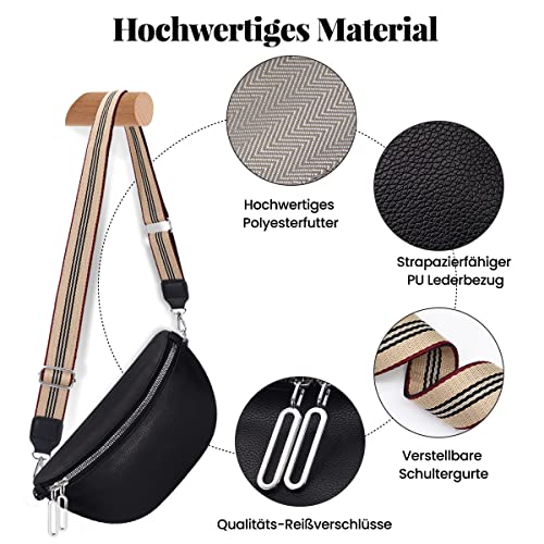 Aucenix Bauchtasche Damen Crossbody Bags - Gürteltasche Handtasche mit Breiter Gurt für Mädchen, Mode Hüfttasche mit verstellbarem Riemen, Stylisch Crossbag mit Premium PU Leder (Schwarz)