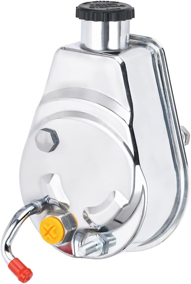 PTNHZ Saginaw Power Steering Pump P Series 5/8" Keyway Pulley Shaft Chrome Street/Hot Rod Reservoir Gearbox Relacement For 66-74 GM Chevy Chevrolet