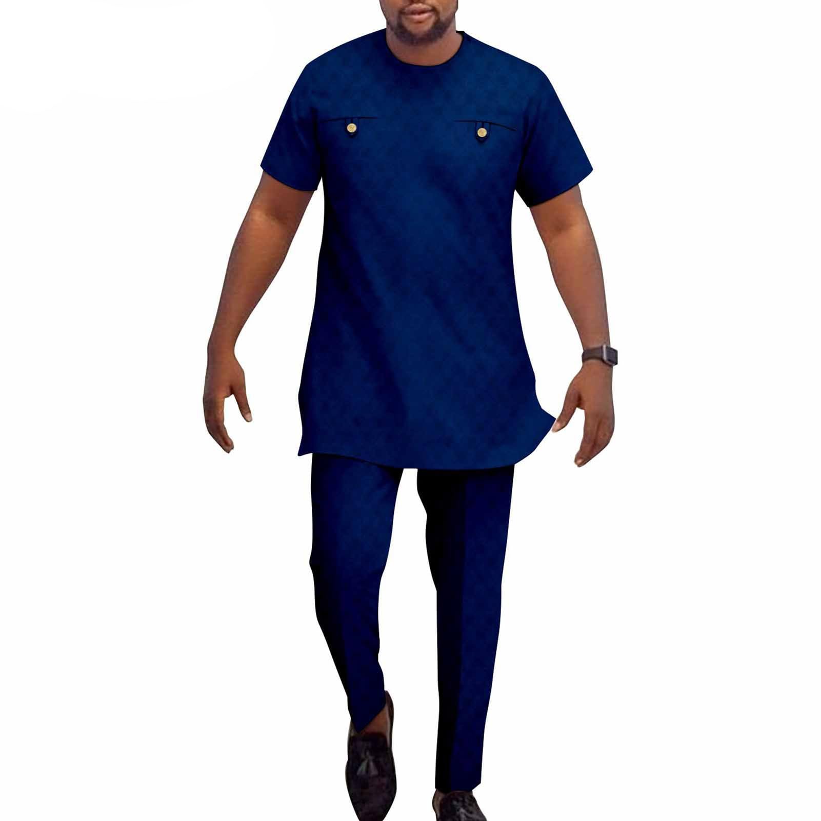 Set di Abbigliamento Africano da Uomo Dashiki a Maniche Corte e Pantalone Lungo Set 2 Pezzi Abiti Tradizionali Camicie Top Moda Abito Etnico