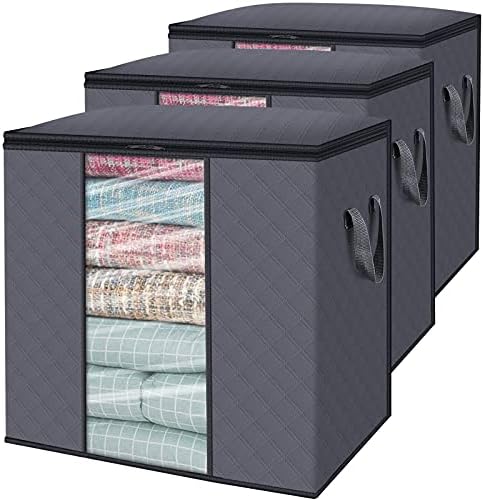 WISELIFE Clothes Storage Bags [3 Pack/100L] Large Blanket Clothes Organization and Storage Containers for Bedding, Comforters, Foldable 3 Layer Fabric, Reinforced Handle, Sturdy & Clear Window, Grey