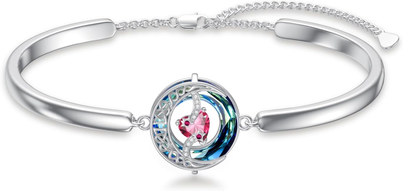 TOUPOP Ruby July Birthstone Bracelet 925 Sterling Silver Moon and Star Bracelet Blue Circle Crystal Jewelry Birthday Christmas Gifts for Women Her Wife Girlfriend