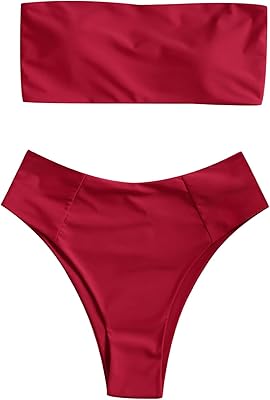 ZAFUL Women's High Cut Bandeau Bikini Set Strapless Solid Color 2 Pieces Bathing Suit Swimsuit