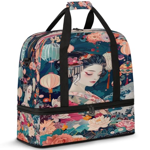 Flower Beautiful Woman Japan Travel Duffel Bags for Women & Men Large Sports Gym Bags Foldie Weekender Overnight Bag Carry On Tote Bag With Shoe Compartment Personal Item Luggage for Travel Sports Gym