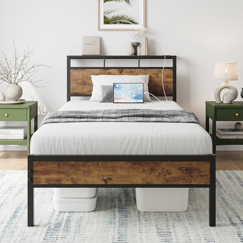 FOUBAM Twin Size Bed Frame, Storage Headboard with USB and TypeC