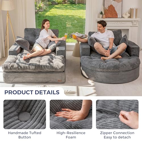 Image of MAXYOYO Modular Sectional Chaise Lounge Sofa, 2 Sets Upholstered Lounge Chair with Ottoman, Comfy Round+ Square Couch with Layered Cushion, Tufted Sleeper Chair for Living Room, No Assembly, Dark Grey