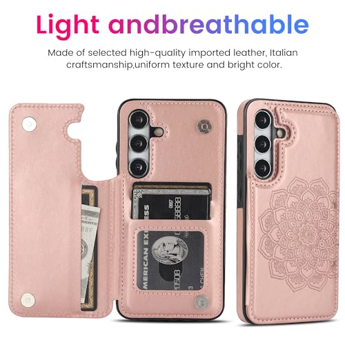 Étui en cuir or rose floral pour Samsung S25+ Plus aux finitions soignées