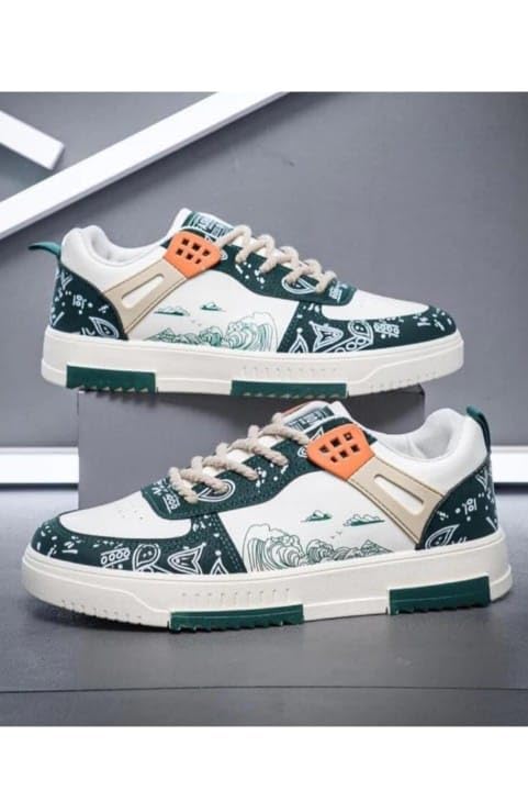 Image of azalya Artistic Wave Print Sneakers, Black and White, Platform Style with Orange Accents Korean Retro Style Comfortable Printed Sneaker Shoes for Men.